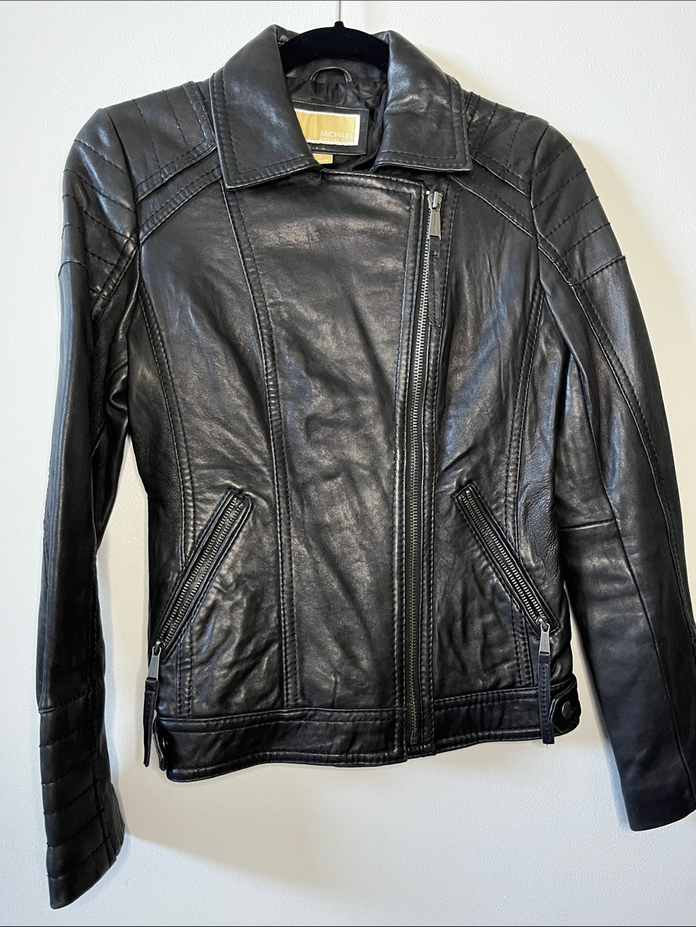 MICHAEL Michael Kors Black Leather Jacket asymmetrical zip front